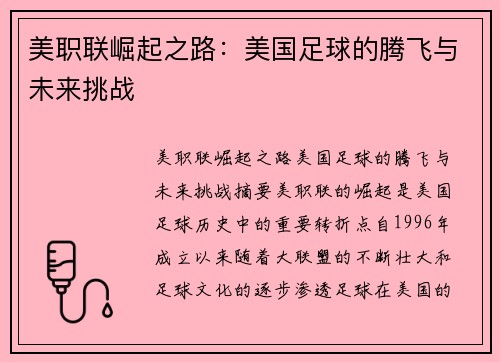 美职联崛起之路：美国足球的腾飞与未来挑战